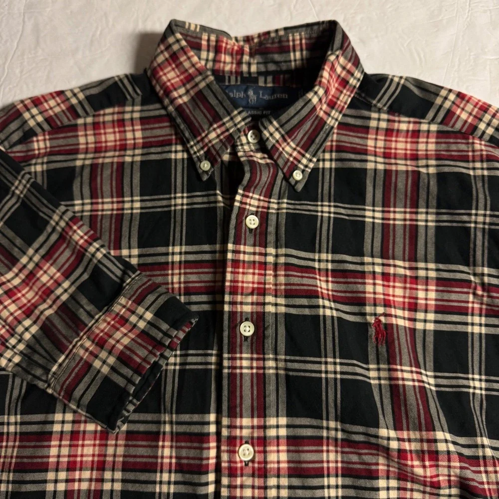 Polo Ralph Lauren Mens Classic Fit Plaid Button Down Shirt Red Black Large